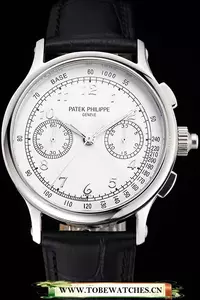 Patek Philippe Split Seconds White Dial Silver Numerals Stainless Steel Case Black Leather Strap En122985