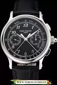 Patek Philippe Split Seconds Black Dial Stainless Steel Case Black Leather Strap En122989