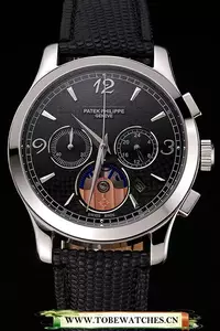 Patek Philippe Chronograph Black Guilloche Dial Stainless Steel Case Black Leather Strap En123379