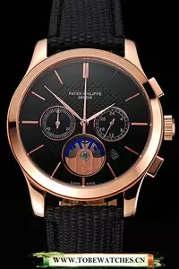 Patek Philippe Chronograph Black Dial Rose Gold Case Black Leather Strap En123380
