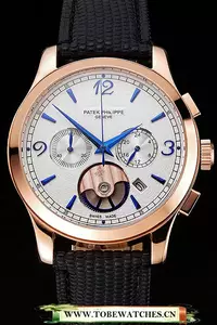 Patek Philippe Chronograph White Guilloche Dial Rose Gold Case Black Leather Strap En123382