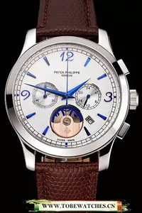 Patek Philippe Chronograph White Guilloche Dial Blue Hands Stainless Steel Case Brown Leather Strap En123386