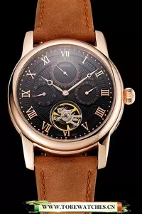 Patek Philippe Grand Complications Day Date Tourbillon Black Dial Rose Gold Case Brown Suede Leather Strap En123919