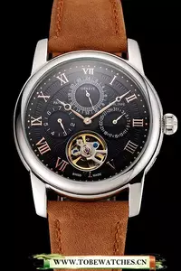 Patek Philippe Grand Complications Day Date Tourbillon Black Dial Rose Gold Numerals Stainless Steel Case Brown Suede Leather Strap En123920