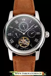 Patek Philippe Grand Complications Day Date Tourbillon Black Dial Numerals Stainless Steel Case Brown Suede Leather Strap En123921