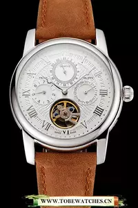 Patek Philippe Grand Complications Day Date Tourbillon Whie Dial Stainless Steel Case Brown Suede Leather Strap En123922