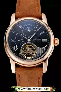 Patek Philippe Grand Complications Gmt Moonphase Tourbillon Black Dial Rose Gold Case Brown Suede Leather Strap En123926