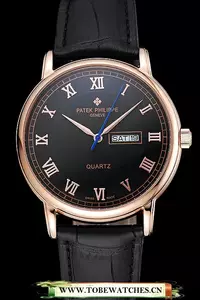 Patek Philippe Calatrava Black Dial Roman Numerals Gold Case Black Leather Bracelet En124899