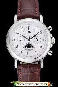 Patek Philippe Grand Complications White Dial Engraved Silver Case Brown Leather Bracelet En125140
