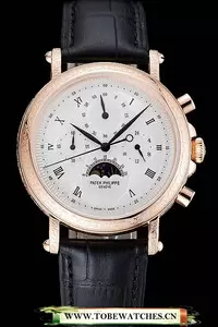 Patek Philippe Grand Complications White Dial Engraved Rose Gold Case Black Leather Bracelet En125141