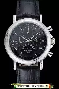 Patek Philippe Grand Complications Black Dial Engraved Silver Case Black Leather Bracelet En125142