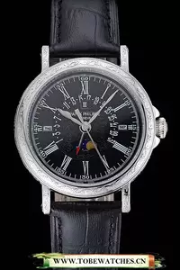 Patek Philippe Perpetual Calendar Retrograde Date Black Dial Engraved Silver Case Black Leather Bracelet En125143