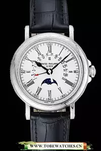 Patek Philippe Perpetual Calendar Retrograde Date White Dial Engraved Silver Case Black Leather Bracelet En125144