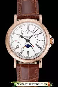 Patek Philippe Perpetual Calendar Retrograde Date White Dial Engraved Rose Gold Case Brown Leather Bracelet En125145