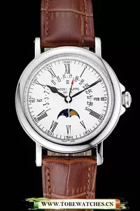 Patek Philippe Perpetual Calendar Retrograde Date White Dial Silver Case Brown Leather Bracelet En125146