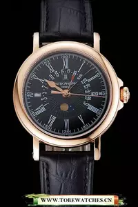 Patek Philippe Perpetual Calendar Retrograde Date Black Dial Rose Gold Case Black Leather Bracelet En125147