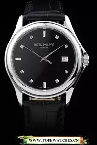 Patek Philippe Geneve Calatrava Crystal Studded Hour Marker Black Dial Black Leather Strap En59182