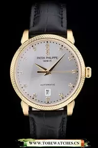 Patek Philippe Calatrava Ribbed Bezel Grey Dial Black Leather Strap En59005