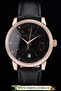 Patek Philippe Calatrava Ribbed Bezel Black Dial Black Leather Strap En59016