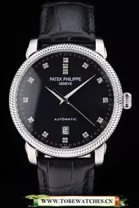 Patek Philippe Calatrava Ribbed Bezel Black Dial Black Leather Strap En59026