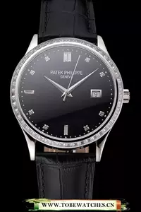 Patek Philippe Calatrava Black Dial Diamond Bezel Stainless Steel Case Black Leather Strap En121581