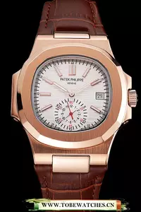 Patek Philippe Nautilus White Dial Rose Gold Case Brown Leather Strap En121967