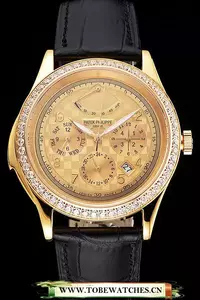 Patek Philippe Grand Complications Power Reserve Gold Dial And Case Diamond Bezel Black Leather Strap En121984