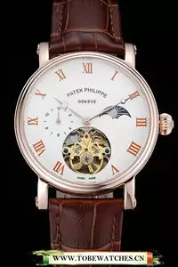 Patek Philippe Complications Moonphase Tourbillon White Dial Rose Gold Case Brown Leather Strap En122619