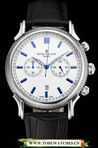 Patek Philippe Chronograph White Dial Blue Markings Stainless Steel Case Black Leather Strap En122956