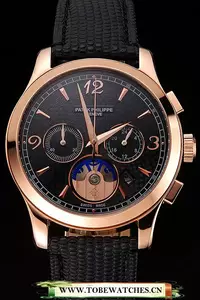 Patek Philippe Chronograph Black Guilloche Dial Rose Gold Case Black Leather Strap En123381