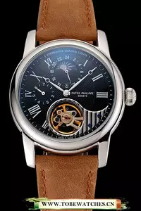 Patek Philippe Grand Complications Gmt Moonphase Tourbillon Black Dial Stainless Steel Case Brown Suede Leather Strap En123927