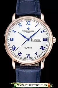 Patek Philippe Calatrava White Dial Blue Roman Numerals Gold Case Blue Leather Bracelet En124900