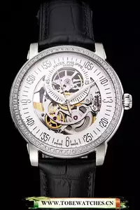 Patek Philippe Complications Openworked Dial Diamond Bezel Stainless Steel Case Black Leather Strap En121996