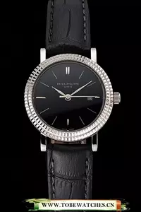 Patek Philippe Calatrava Black Dial Double Ribbed Bezel Stainless Steel Case Black Leather Strap En122469