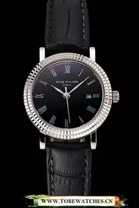 Patek Philippe Calatrava Black Dial Roman Numerals Double Ribbed Bezel Stainless Steel Case Black Leather Strap En122472