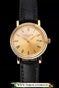 Patek Philippe Calatrava Gold Dial Roman Numerals Double Ribbed Bezel Gold Case Black Leather Strap En122478