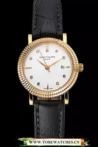 Patek Philippe Calatrava White Dial Diamond Hour Marks Double Ribbed Bezel Gold Case Black Leather Strap En122481