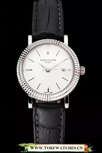 Patek Philippe Calatrava White Dial Double Ribbed Bezel Stainless Steel Case Black Leather Strap En122483