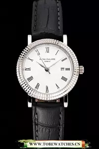 Patek Philippe Calatrava White Dial Roman Numerals Double Ribbed Bezel Stainless Steel Case Black Leather Strap En122486