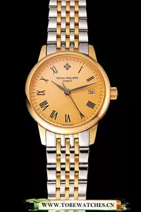 Patek Philippe Calatrava Ladies Gold Dial Yellow Gold Case Two Tone Bracelet En123931
