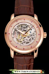 Piaget Altiplano Skeleton Dial With Diamonds Rose Gold Case Brown Leather Strap En122780
