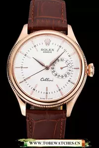 Rolex Cellini White Rose Dial Gold Case Brown Leather Bracelet En60651