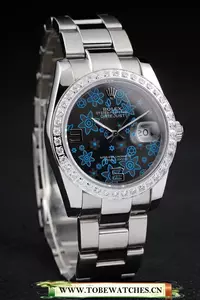 Rolex Datejust Polished Stainless Steel Dark Blue Flowers Dial Diamond Plated En58022
