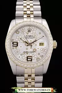 Rolex Datejust Brushed Stainless Steel Case Silver Flowers Dial Diamonds Plated En58679