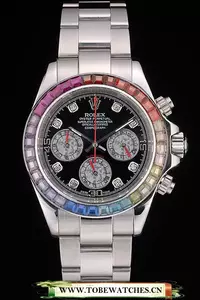 Rolex Daytona Cosmograph Rainbow Crystals Bezel Stainless Steep Strap Black Dial En59214