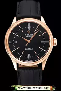 Rolex Cellini Time Rose Gold Case Black Dial Black Leather Bracelet En119934
