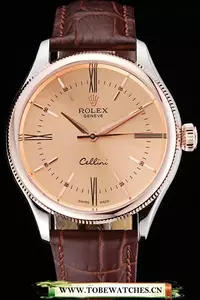 Rolex Cellini Gold Dial And Bezel Stainless Steel Case Brown Leather Strap En120983