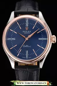 Rolex Cellini Blue Dial Gold Bezel Stainless Steel Case Black Leather Strap En120984