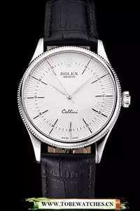 Rolex Cellini White Guilloche Dial Stainless Steel Case Black Leather Strap En121599