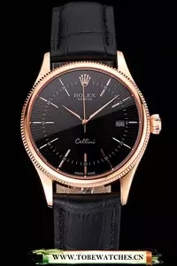 Rolex Cellini Date Black Dial Rose Gold Markings Rose Gold Case Black Leather Strap En121610